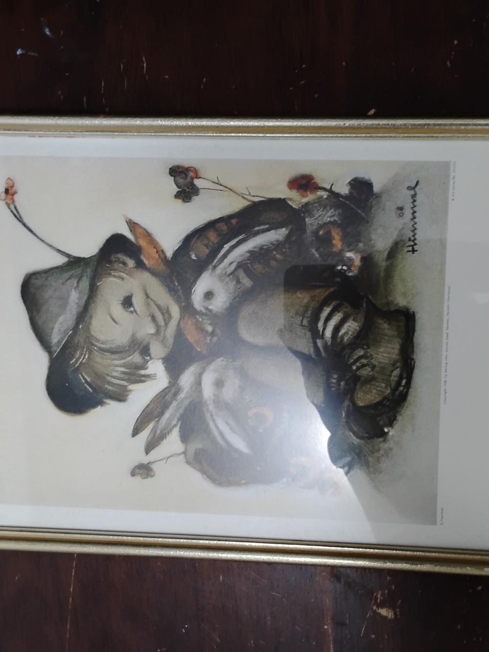 Vintage Hummel Boy with Rabbits Wooden Framed Picture